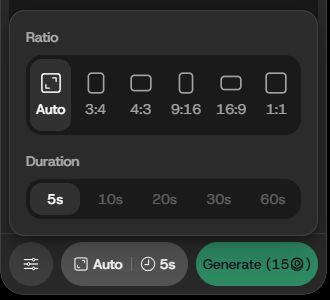 DomoAI Talking Avatarの公開画面。5秒を選びGenerate 15と表示