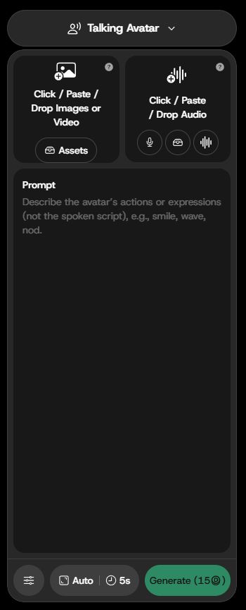 Talking Avatarの入力欄。Images or Video、Drop Audio、動作と表情のPrompt