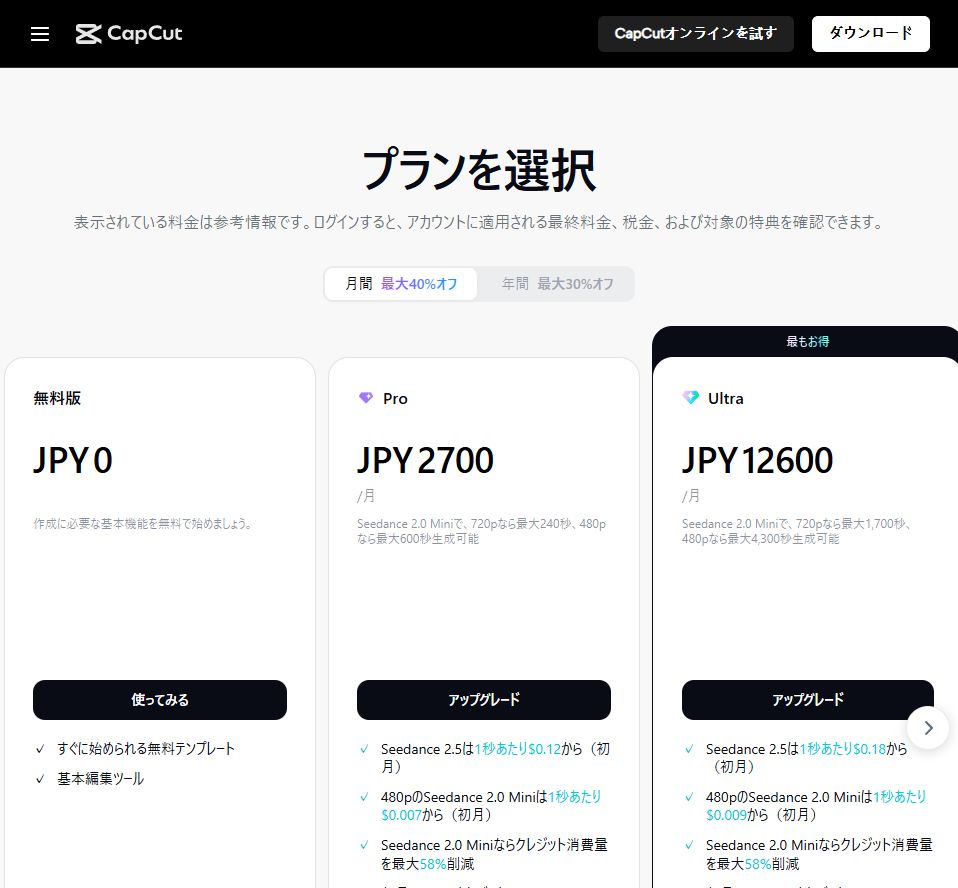 CapCut日本語料金表。無料版JPY0と基本編集ツールの表示
