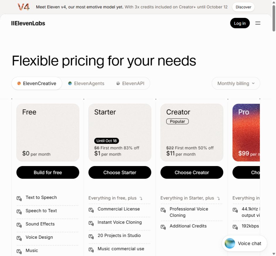ElevenLabs公式のFree、Starter、Creatorの月額表示。Starterには初月限定価格の表示もある