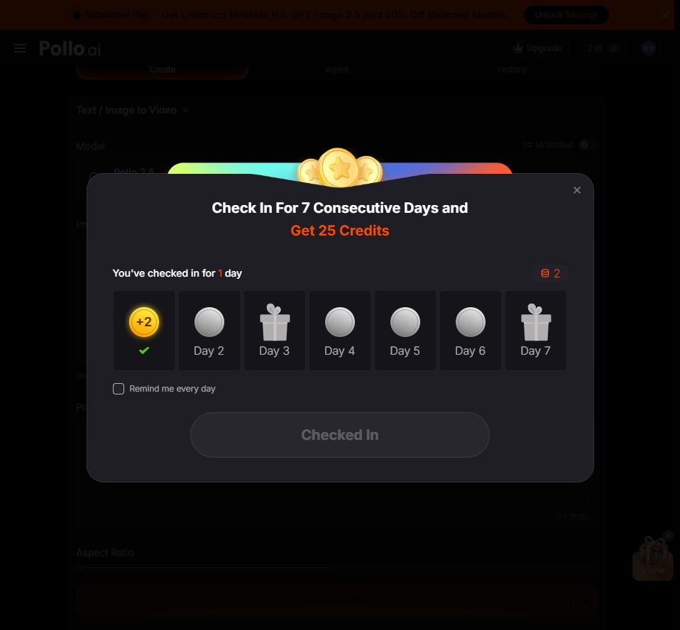 Pollo AIのDaily Check-in画面。1 day、2 credits、Checked Inと表示