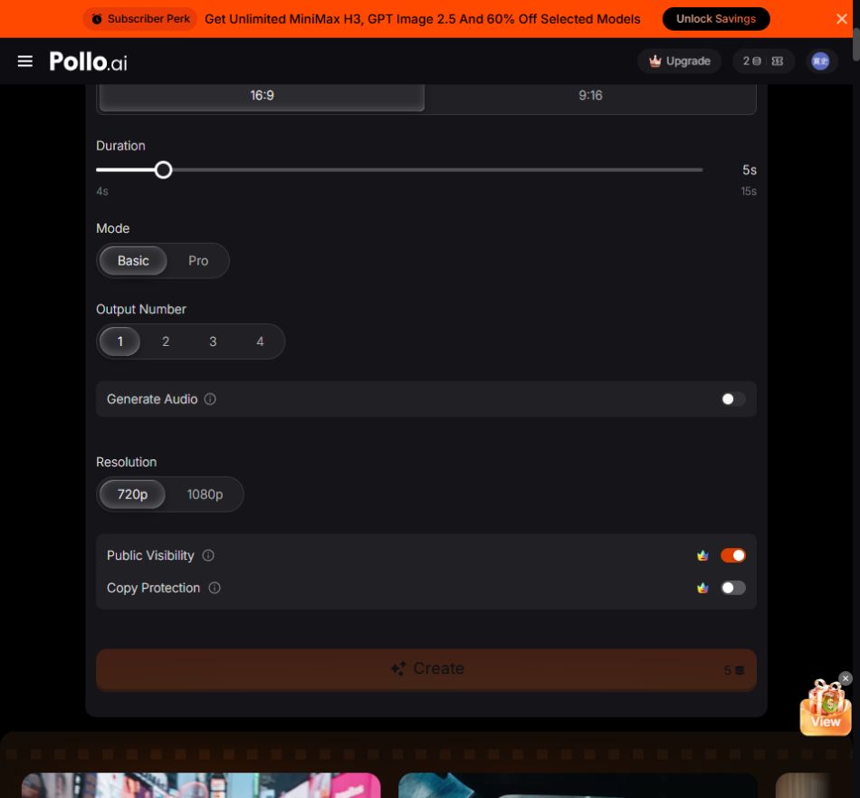 Pollo AIの設定欄。5秒、Basic、出力1、16対9、720p、音声生成オフでCreate 5、右上は残高2